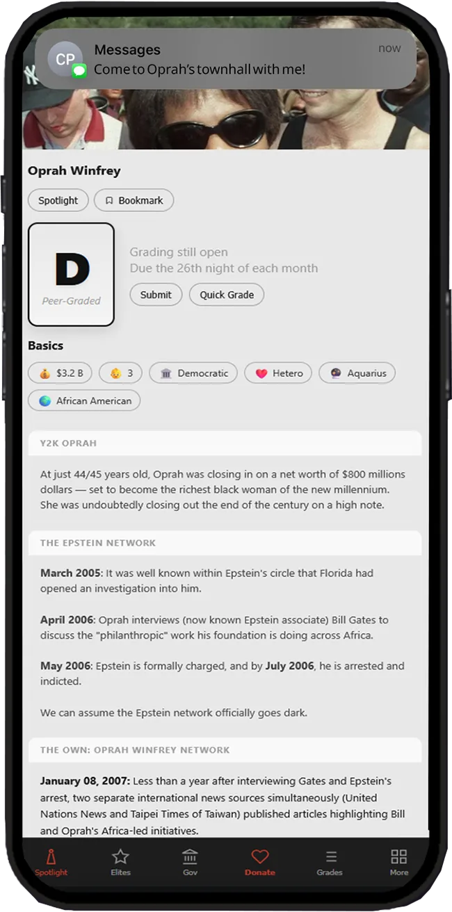 Phone screen showing a peer-graded conduct profile, with a grade badge and a civic steering article